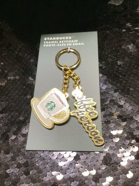 Starbucks Gold & White Coffee Cup Keychain with Green Logo